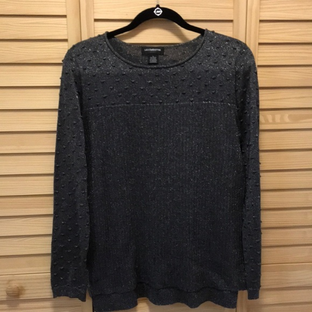 LIZ CLAIBORNE charcoal grey, metallic silver, tunic length,sweater top size L‎